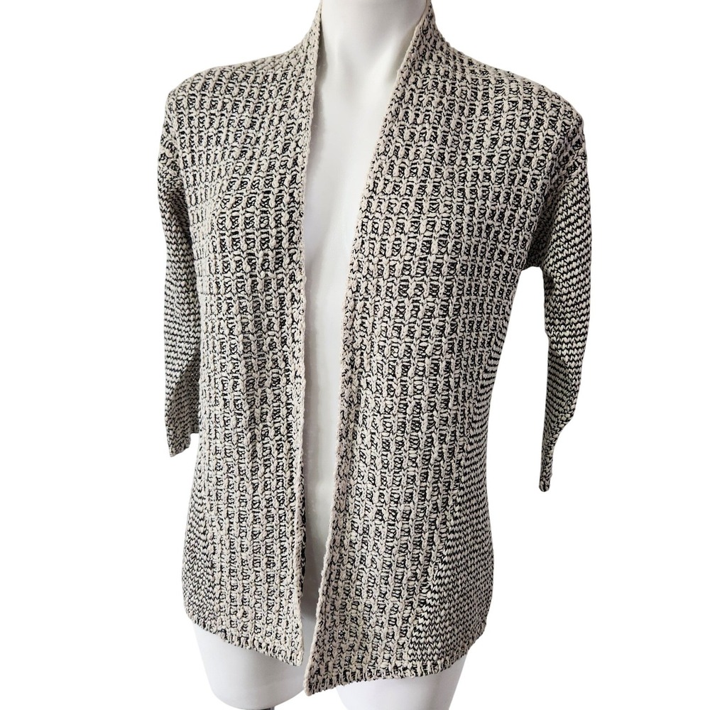 Chico's Tina Texture Cardigan Sweater Black Cream Neutral Open Front Small NWT